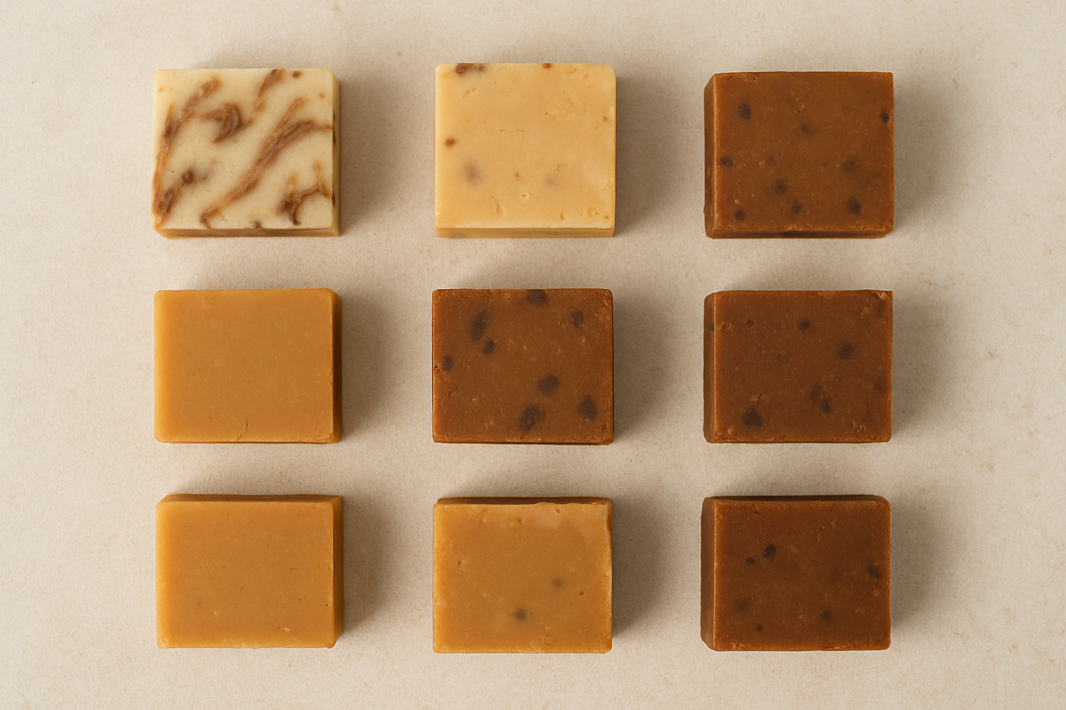 Assorted traditional fudge pieces including vanilla, chocolate, and caramel flavours arranged in a rustic, gift-ready presentation
