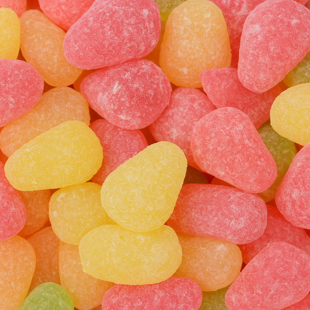 Classic pear drops in pink and yellow hues with a sugary coating